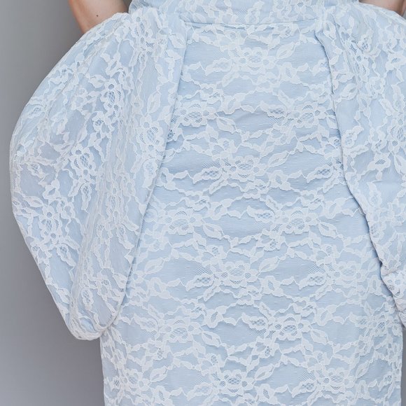 640. CALVIN LUO Blue Lace Overlay Strapless Peplum Dress M - Picture 3 of 12